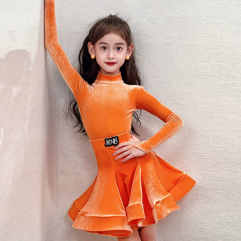 Girls' Neon Yellow Velvet Latin Dance Dress - Kids' Long Sleeve Rumba & Cha-Cha Costume