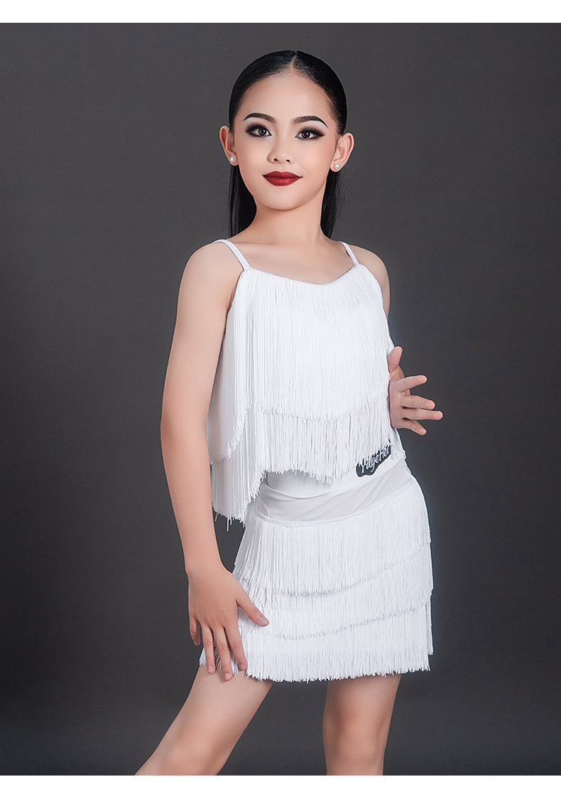 Wine White Fringe Competition Latin Dance Dresses for Girls Kids Salsa Rumba Chacha Performance Dance Outfits - Moderndancedress.com