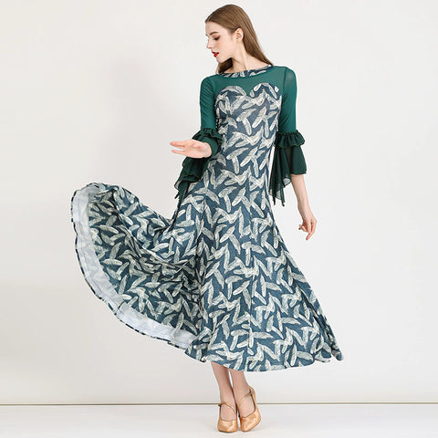 Printing flowers ballroom dance dresses for women girls waltz tango modern dance long gown stage performance practice clothes - Moderndancedress.com
