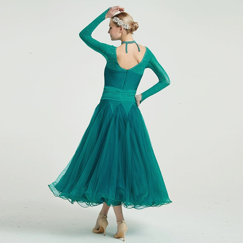 Custom Size Dark Green Red Pink Competition Ballroom Dance Dresses for Women Girls Kids National Waltz Tango Sparkling Dancing Long Gown - Moderndancedress.com