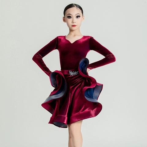 Girls Purple wine velvet ballroom Latin Dance Competition dresses kids International Dance salsa rumba chacha performance skrirts - Moderndancedress.com