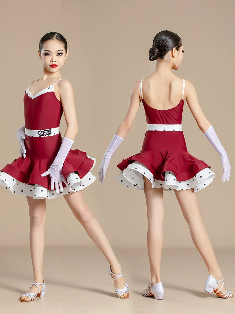 Red polka dot Latin ballroom dance dresses for kids girls national ballroom waltz tango dance costumes art test performance outfits - Moderndancedress.com