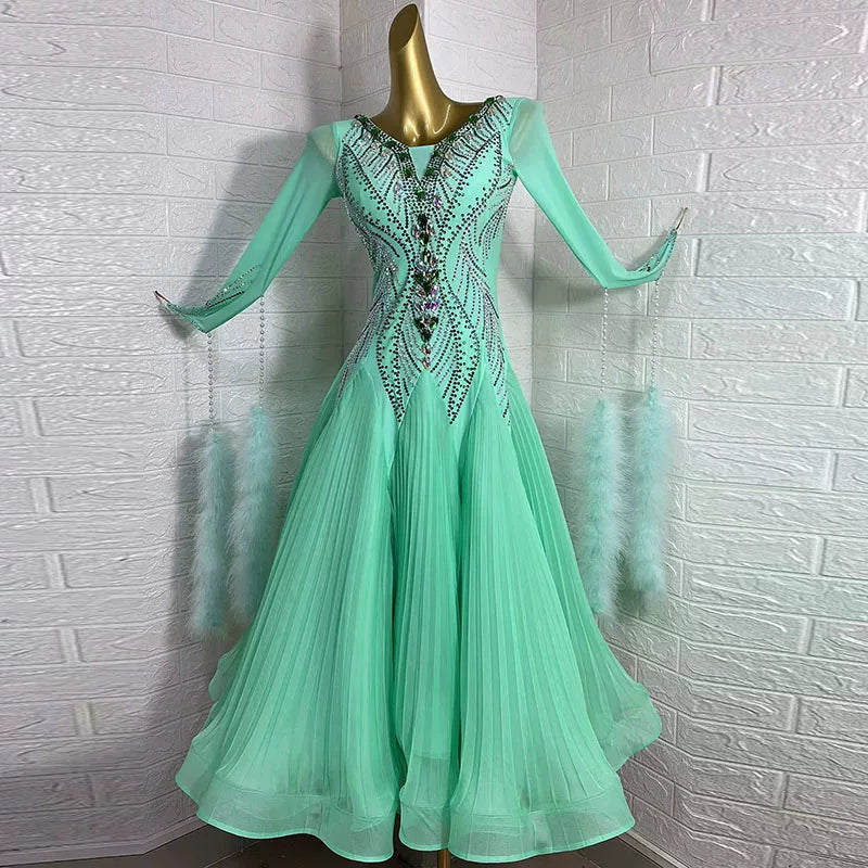 Custom Size Competition Mint Green Crystal Ballroom Dance Dress with Feathers - Waltz Foxtrot Smooth Dancing Gown