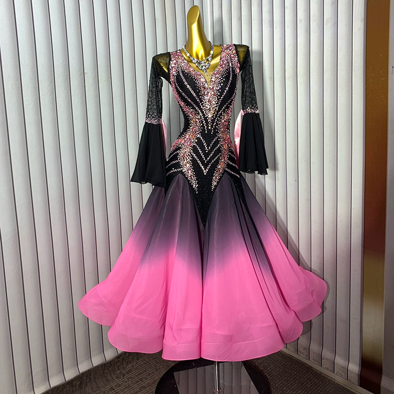 Customized Size Pink Gradient Competition Ballroom Dance Dresses for Women Girls Waltz Tango Standard Dance Long Gown