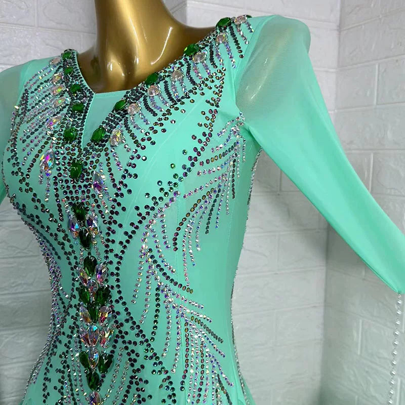 Custom Size Competition Mint Green Crystal Ballroom Dance Dress with Feathers - Waltz Foxtrot Smooth Dancing Gown