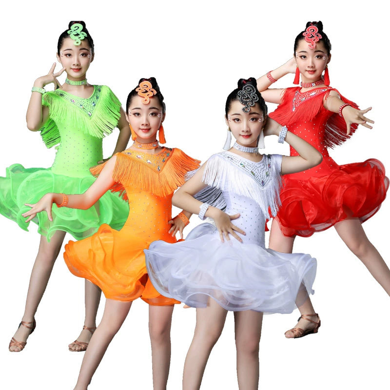 Kids Girls Competition Tassel Latin Dance Dresses Orange Red White Green Salsa Chacha Latin Party Performance Costume - Moderndancedress.com