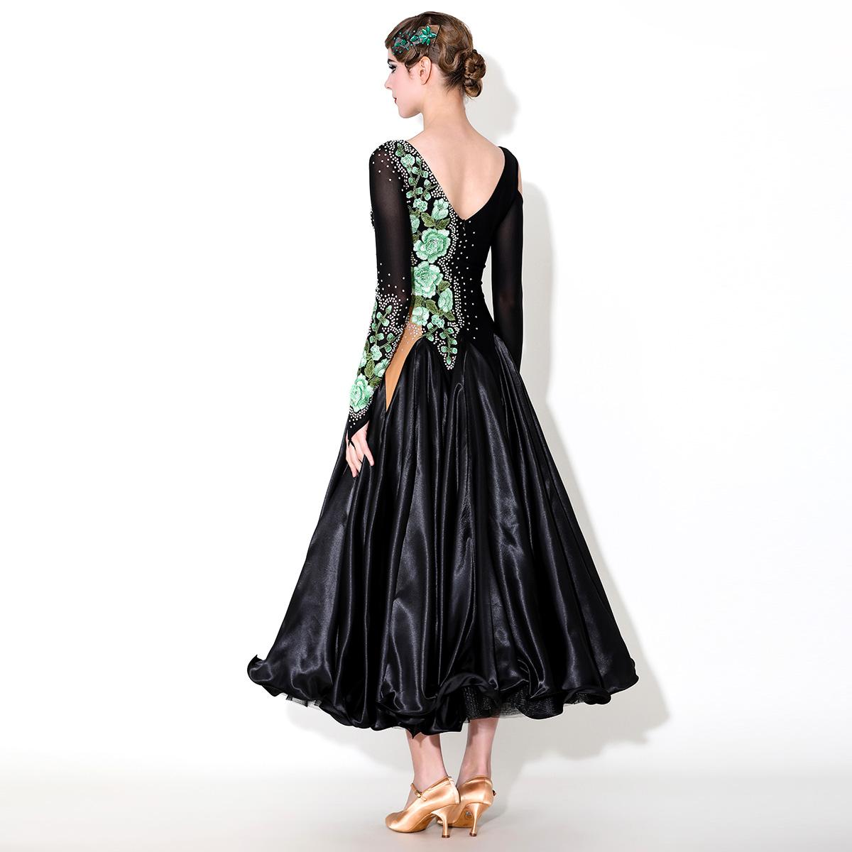 Green Peony Flower Ballroom Dance Dress for Women Girls Slant Neck Rhythm Smooth Waltz Tango Satin Gown - Moderndancedress.com