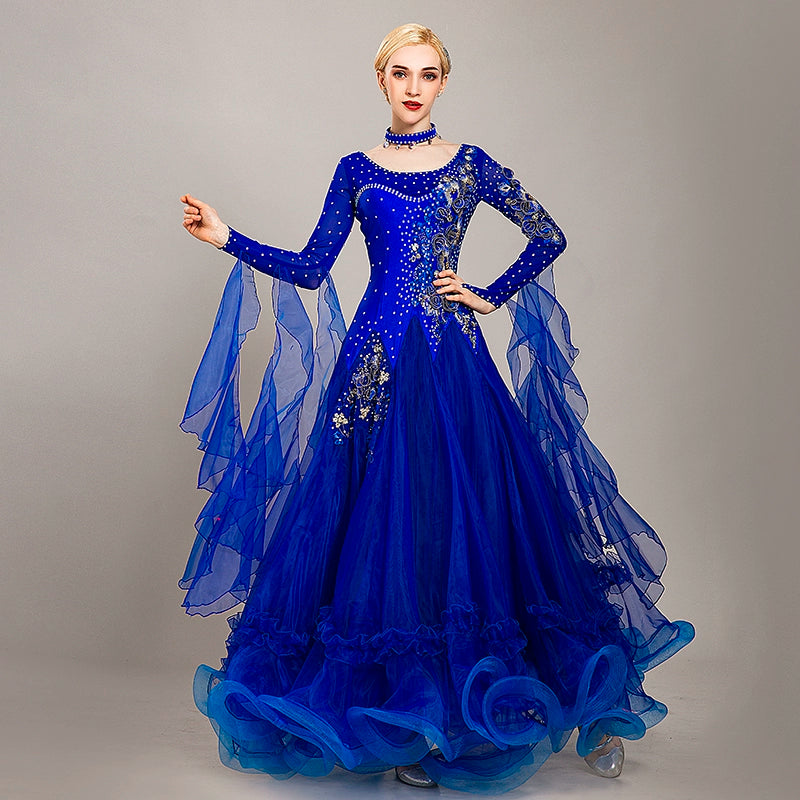 blue yellow Ballroom dance competition dresses for women girls waltz tango modern dance skirt social national dance bling performance gown - Moderndancedress.com
