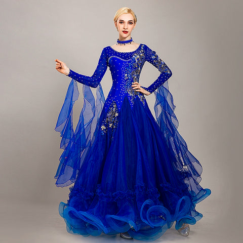 blue yellow Ballroom dance competition dresses for women girls waltz tango modern dance skirt social national dance bling performance gown - Moderndancedress.com