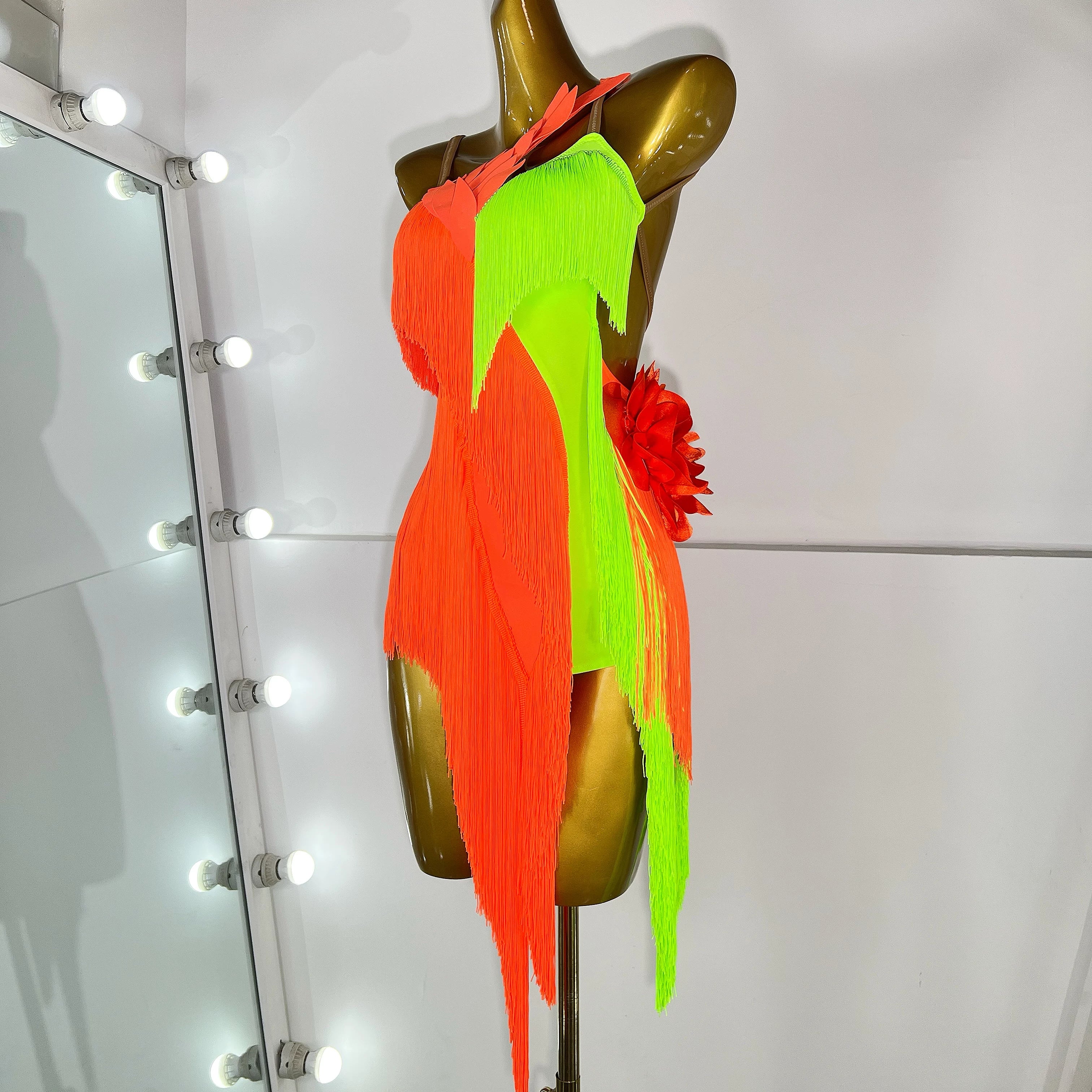Custom Size Orange Fringe Latin Dress for Women Green One Shoulder Salsa Costumes