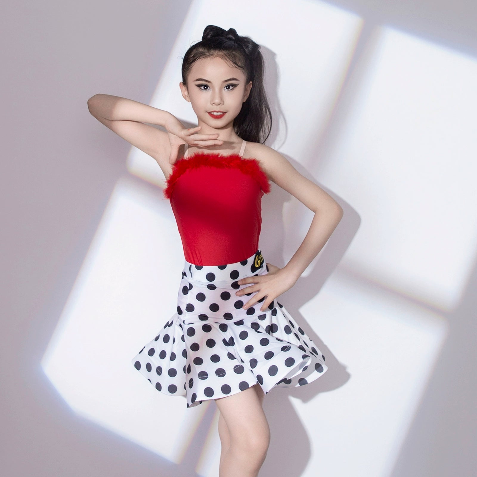 Children Red feather white polka dot  Latin Dance dresses for girls ballroom salsa rumba chacha dance costumes Swinging Latin Training Suit - Moderndancedress.com