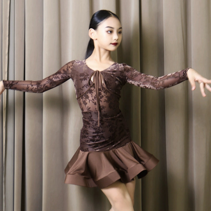 Coffee Lace Flowers Latin Dance Dresses for Kids Girls Ballroom Slasa Chacha LatinTraining Suit for Children - Moderndancedress.com