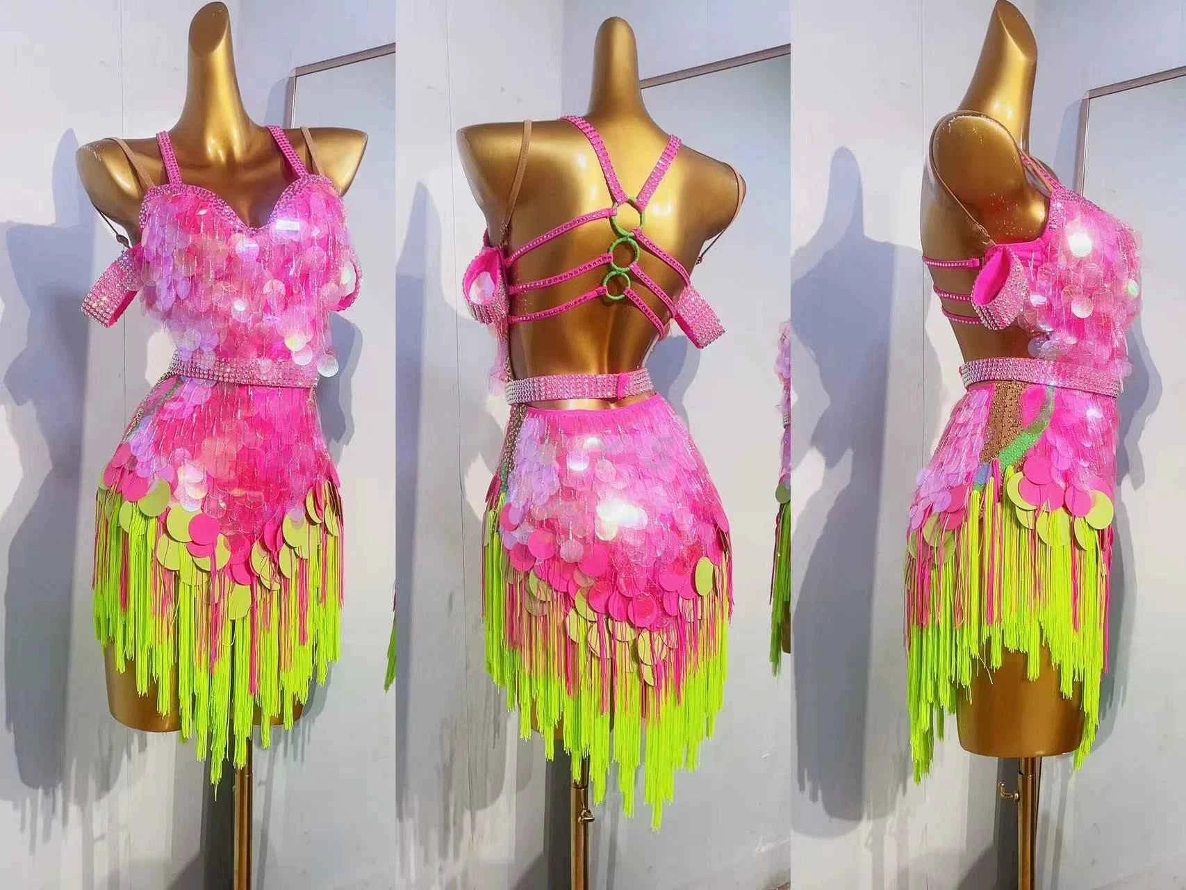 Custom Size Pink Green Latin Dance Dresses for Women Sequins Fringe Salsa Rumba Blackpool Performance Costumes