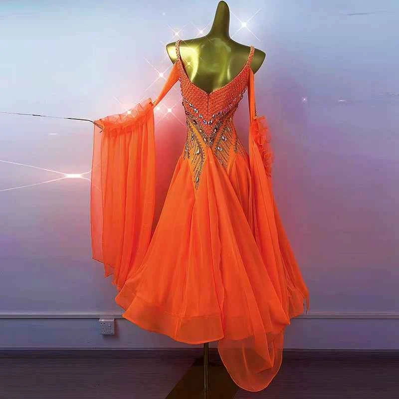 Customized Size Orange Competition Ballroom Dance Dresses for Women Girls Foxtrot Rhythm Waltz Tango Dance Gown