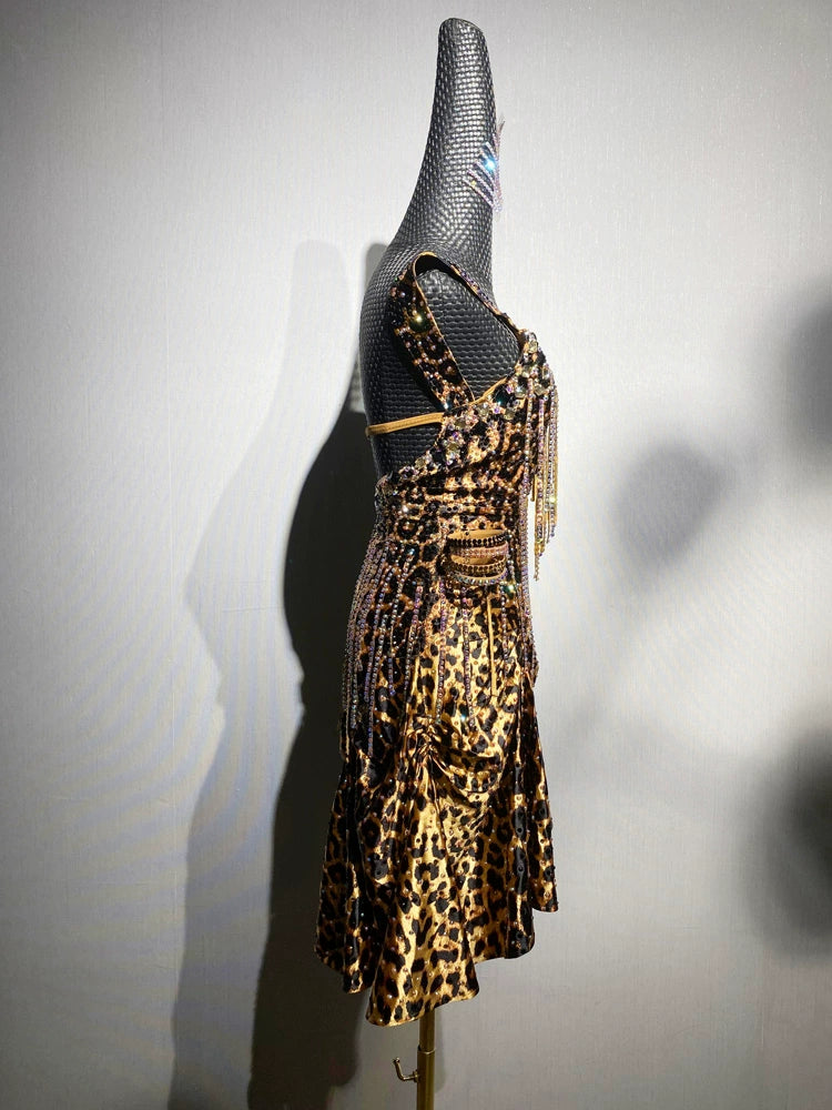 Custom Size Leopard Print Competition Latin Dance Dresses for Women Salsa Rumba Blackpool Competition Costumes