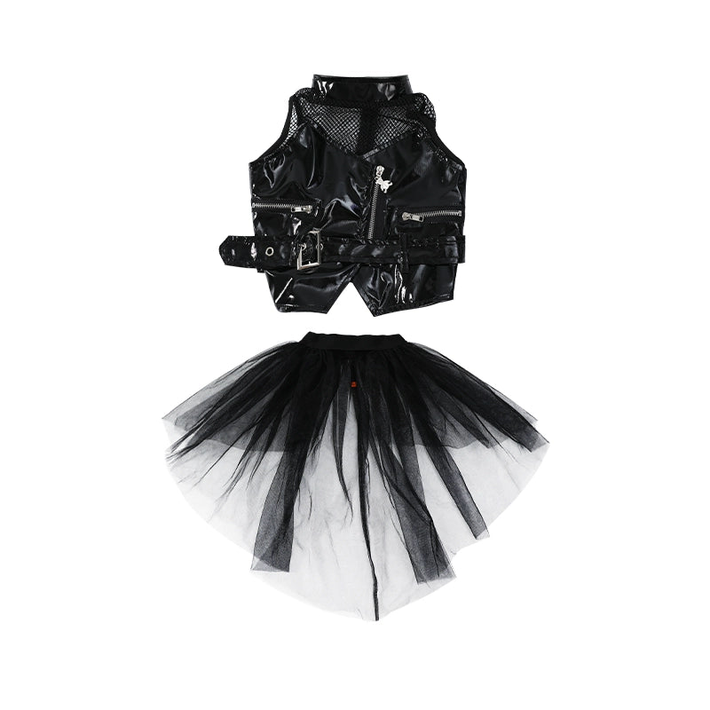 Children's Trendy Jazz Dance Tuxedo Costumes Girls Black Leather Modern Dance Gogo Dancers Model Show Catwalk Performance Clothes - Moderndancedress.com