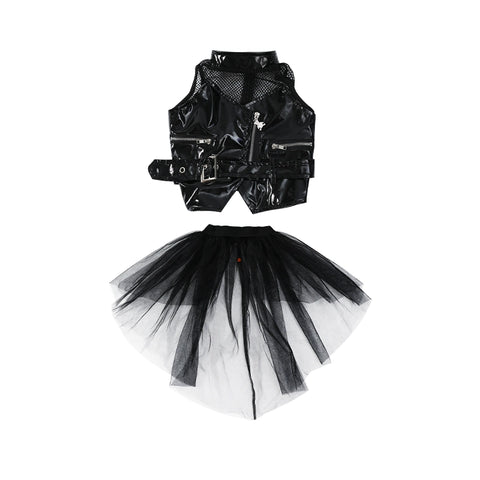 Children's Trendy Jazz Dance Tuxedo Costumes Girls Black Leather Modern Dance Gogo Dancers Model Show Catwalk Performance Clothes - Moderndancedress.com