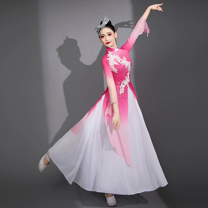 Pink Chinese folk Classical dance costumes Female elegant hanfu Jiangnan solo Fan Umbrella yangge dance performance fairy dress - Moderndancedress.com