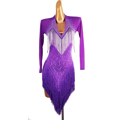 White Red Blue Fringe  Latin Dance Dress for Women Girls Purple Long Sleeves Rhinestones Competition Performance Rumba Chacha Dancing Costumes for Female - Moderndancedress.com