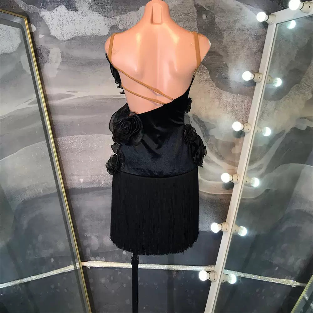 Custom Black Velvet Latin Dance Dress with Fringe & 3D Flowers | Salsa Ballroom Outfit