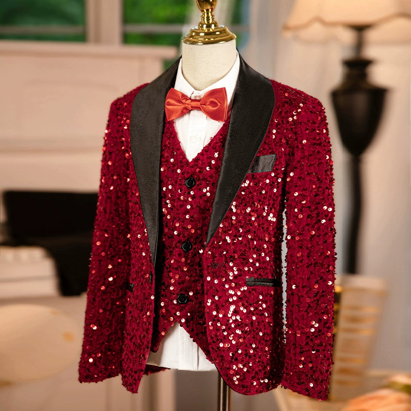 Boys Red Sequins Jazz Dance Coats Kids Singers Host Choir Model Piano Performance Blazers Wedding Party Flowers Boys Jackets Photos Shooting Suit - Moderndancedress.com