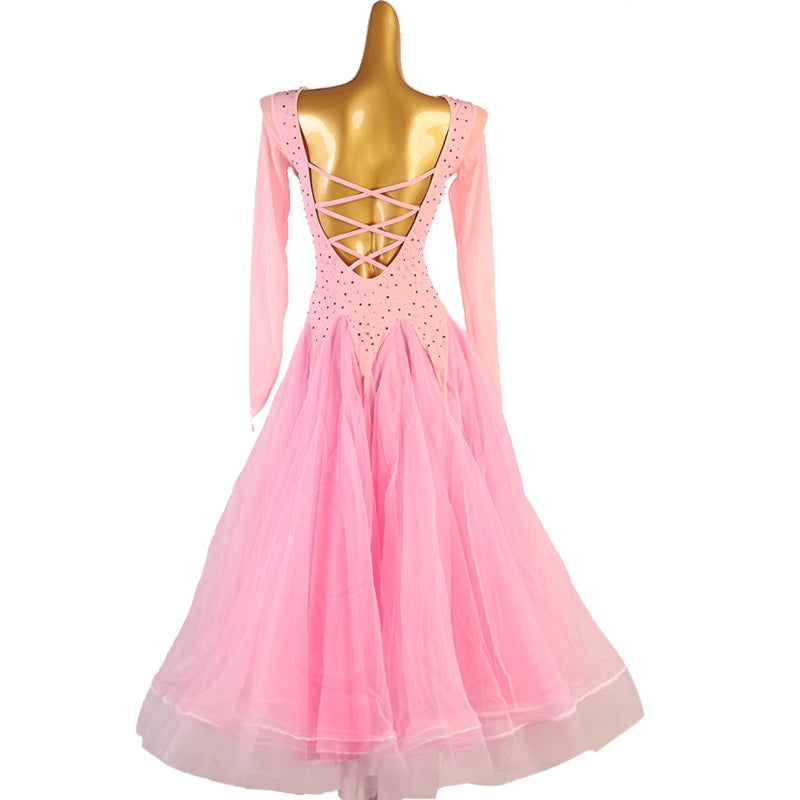 Adult kids Pink ballroom dance dresses national standard dance large swing skirt bling social dance waltz performance competition gown - Moderndancedress.com