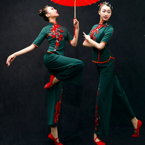 Chinese Folk Dance Costumes Yangko Dance Costume Performance Dress Female Classical Dance Fan Square Suit for Adults - Moderndancedress.com