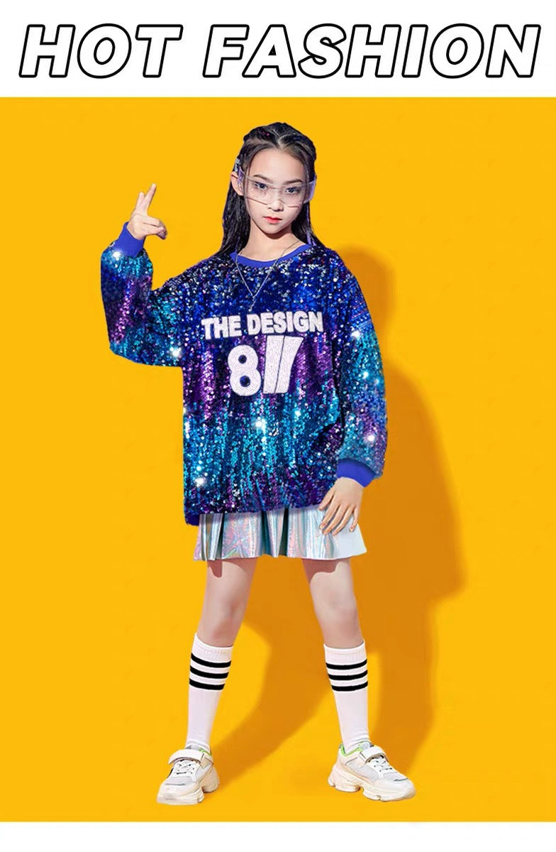 Children's Silver Blue Sequins Hip Hop Jazz Dance Costumes Boys Girls Street Dance Clothing Gogo Dancers Stage Performance Outfits for Kids - Moderndancedress.com