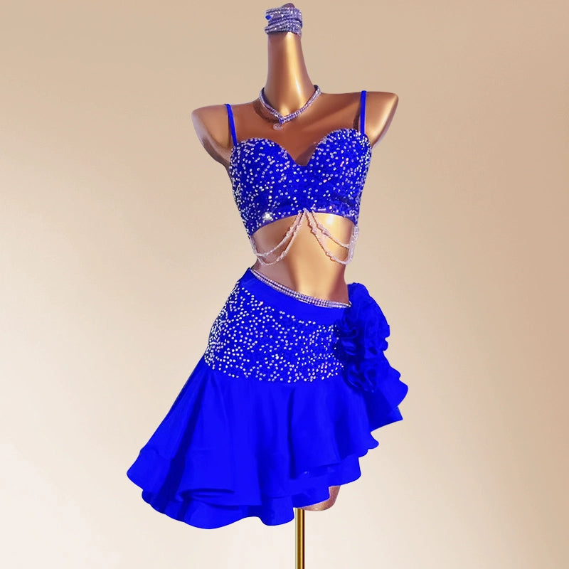 Custom size red blue competition Latin dance dresses for women girls kids salsa chacha rumba latin performancel art test dance clothes - Moderndancedress.com