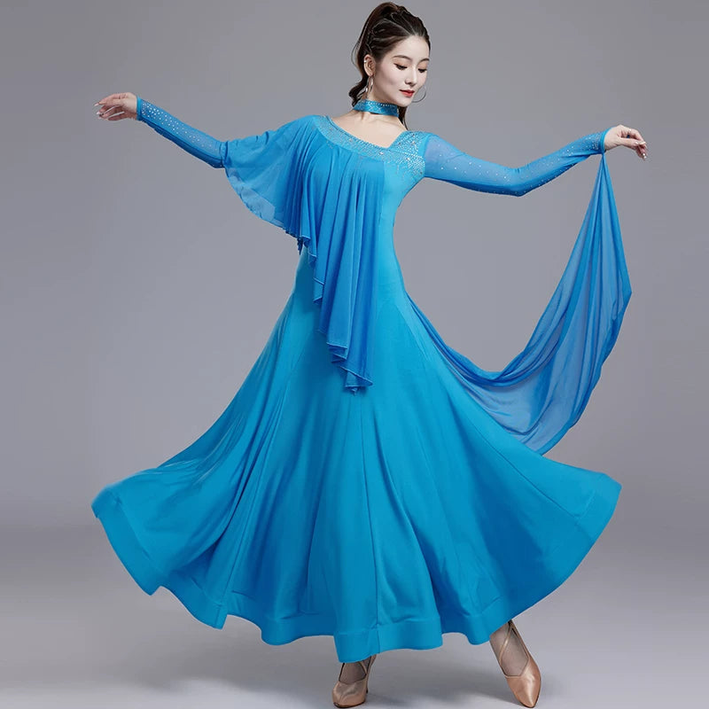 Orange  Blue Slant Neck Ballroom Dance Dresses for Women Girls National Standard Waltz Tango Social Professional Competitions Long Gown
