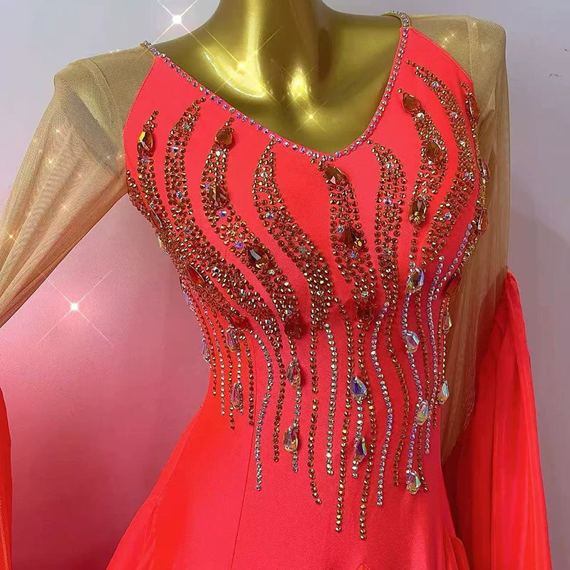 Custom Coral Red Ballroom Dance Competition Dress with Crystals Waltz Foxtrot Rhythm Gown