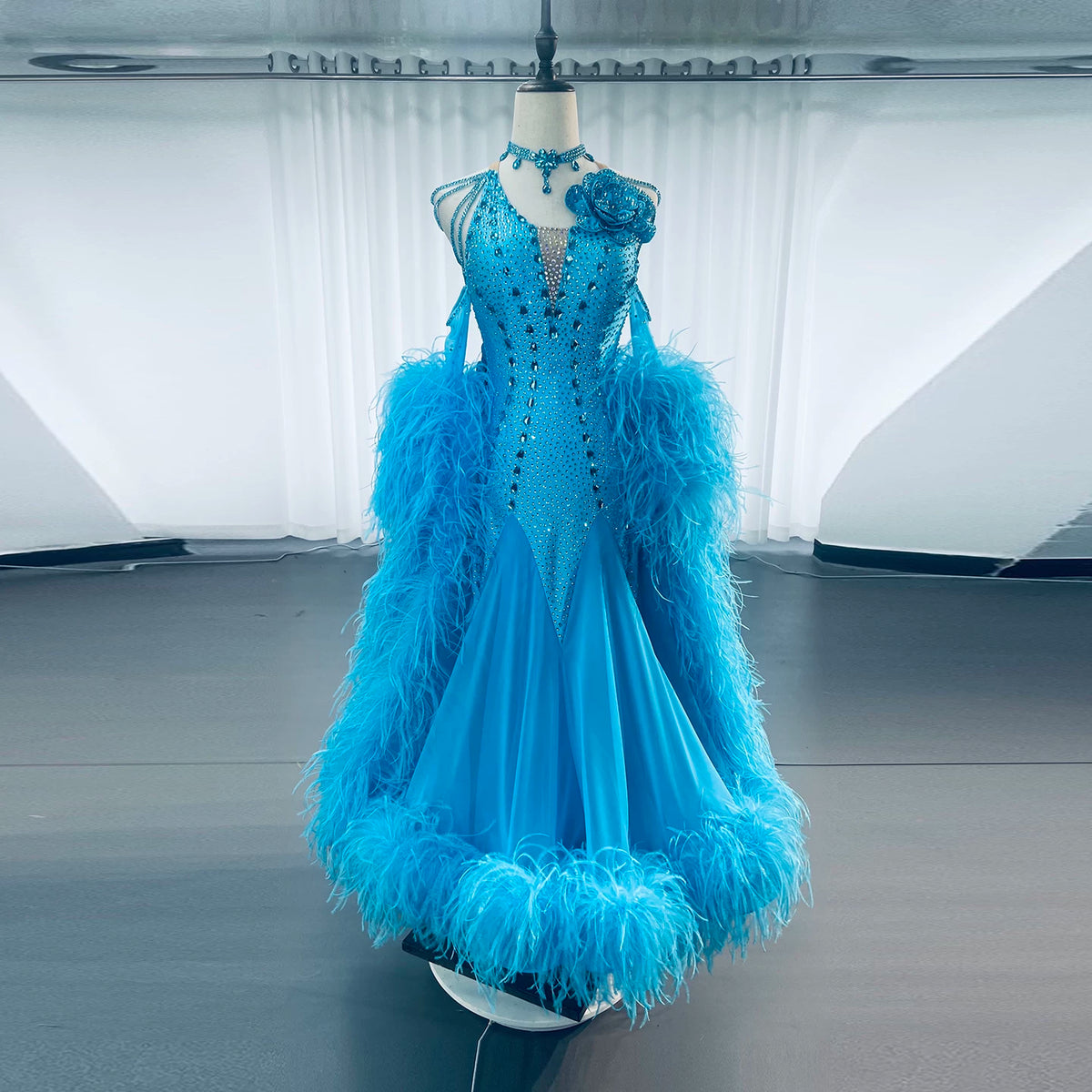 Custom Cyan Blue Ostrich Feather Competition Ballroom Dance Dress
