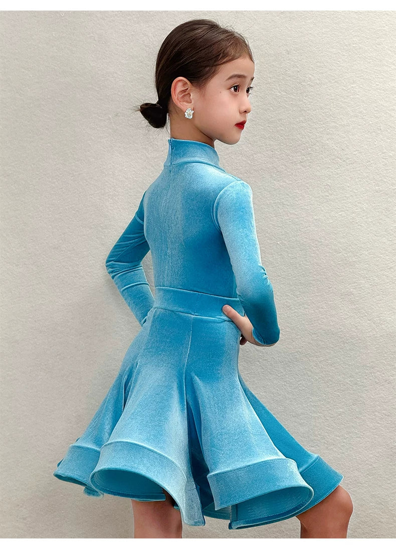 Girls' Neon Yellow Velvet Latin Dance Dress - Kids' Long Sleeve Rumba & Cha-Cha Costume