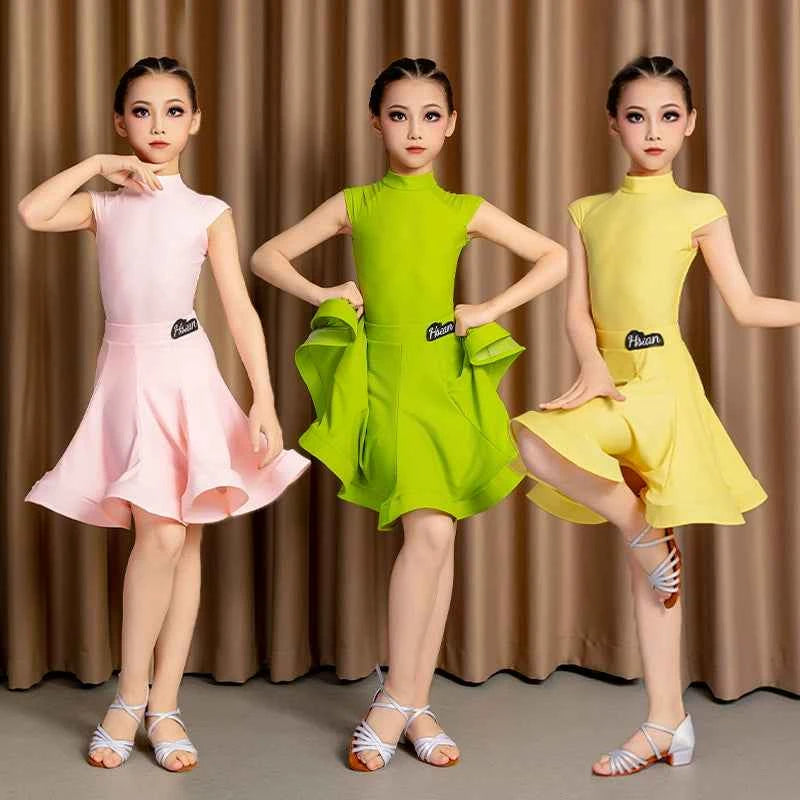 Girls Latin Dance Dresses Kids Green Pink Yellow Ballroom Salsa Rumba Chacha Competition Costumes