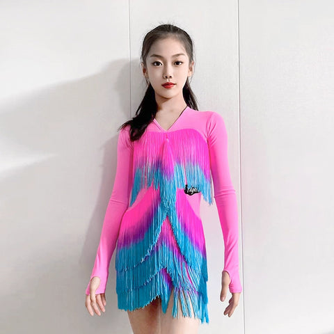 Navy Hot Pink Blue Gradient Fringe Long Sleeves Latin Dance Dresses for Girls Kids Salsa Rumba Chacha Party Performance Outfits for Children - Moderndancedress.com