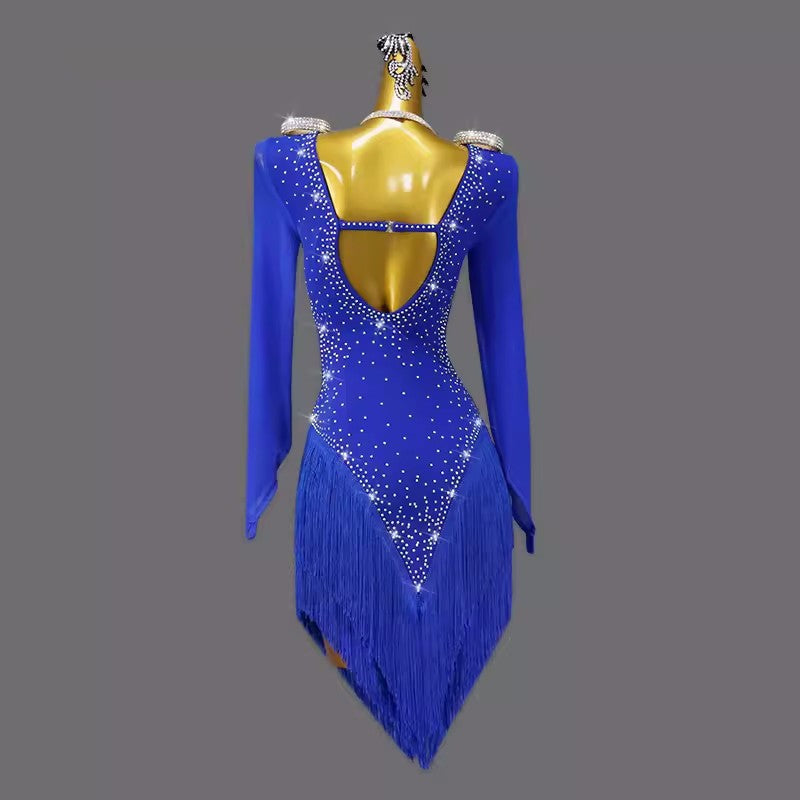 Royal blue fringe long sleeves competition latin dance dresses for women girls salsa rumba chacha ballroom tango dancing costumes for lady - Moderndancedress.com