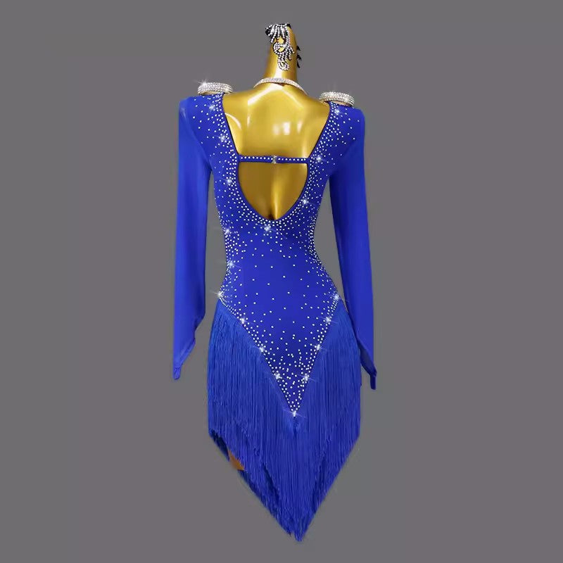 Royal blue fringe long sleeves competition latin dance dresses for women girls salsa rumba chacha ballroom tango dancing costumes for lady