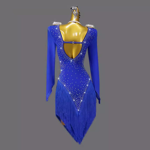 Royal blue fringe long sleeves competition latin dance dresses for women girls salsa rumba chacha ballroom tango dancing costumes for lady - Moderndancedress.com