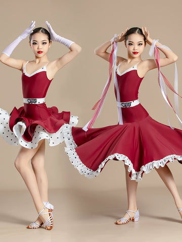 Red polka dot Latin ballroom dance dresses for kids girls national ballroom waltz tango dance costumes art test performance outfits - Moderndancedress.com