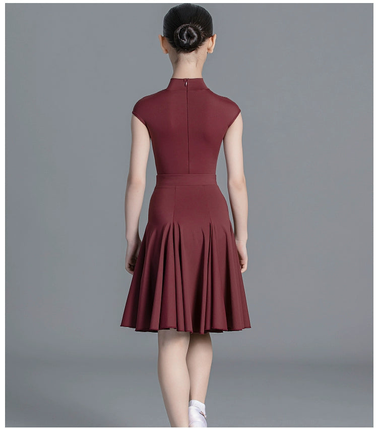 Latin Dance dresses for kids Girls green wine Competition Short Sleeve International modern Dance Standard Suit for children - Moderndancedress.com