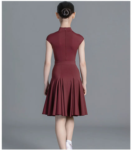 Latin Dance dresses for kids Girls green wine Competition Short Sleeve International modern Dance Standard Suit for children - Moderndancedress.com