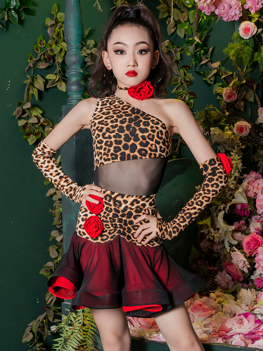 Children's leopard red rose Latin dance costume slant neck girls ballroom salsa rumba chacha latin performance dresses for kids - Moderndancedress.com
