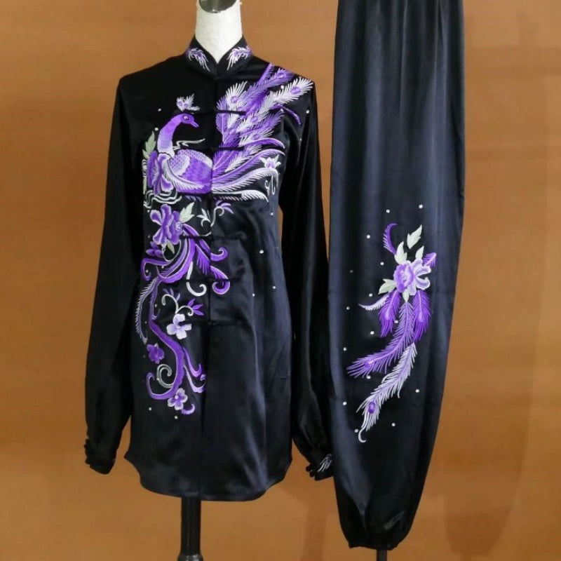 Custom Size Tai Chi Clothing Dark Green Embroidered Phoenix Wushu Martial Arts Kunfu Group Performance Uniforms - Moderndancedress.com