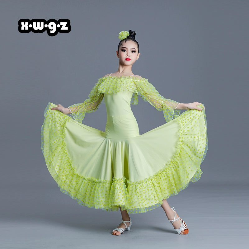 Girls Kids Pink Green Blue Polka Lace Ballroom Dance Dresses Children Ballroom National Ballroom Dance Long Sleeve Dew Shoulder Stage Performance Costumes for Kids - Moderndancedress.com