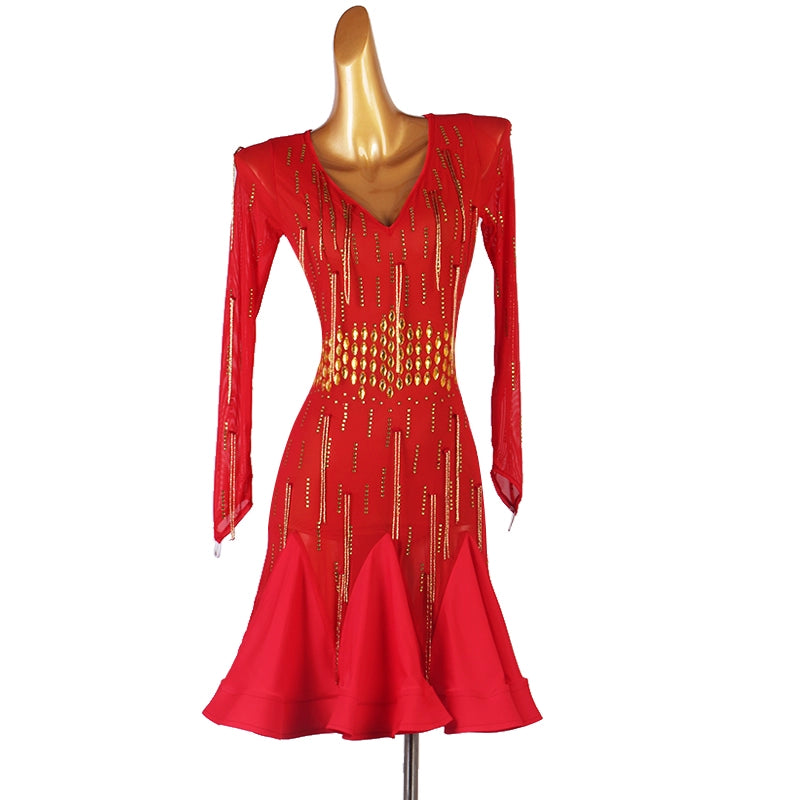 Bead Fringed Red Navy Latin Dance Competition Dresses for Women Girls Black Rhinestones Rumba Cha Samba Dance Costumes - Moderndancedress.com