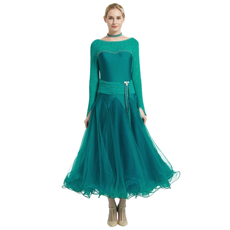 Custom Size Dark Green Red Pink Competition Ballroom Dance Dresses for Women Girls Kids National Waltz Tango Sparkling Dancing Long Gown - Moderndancedress.com