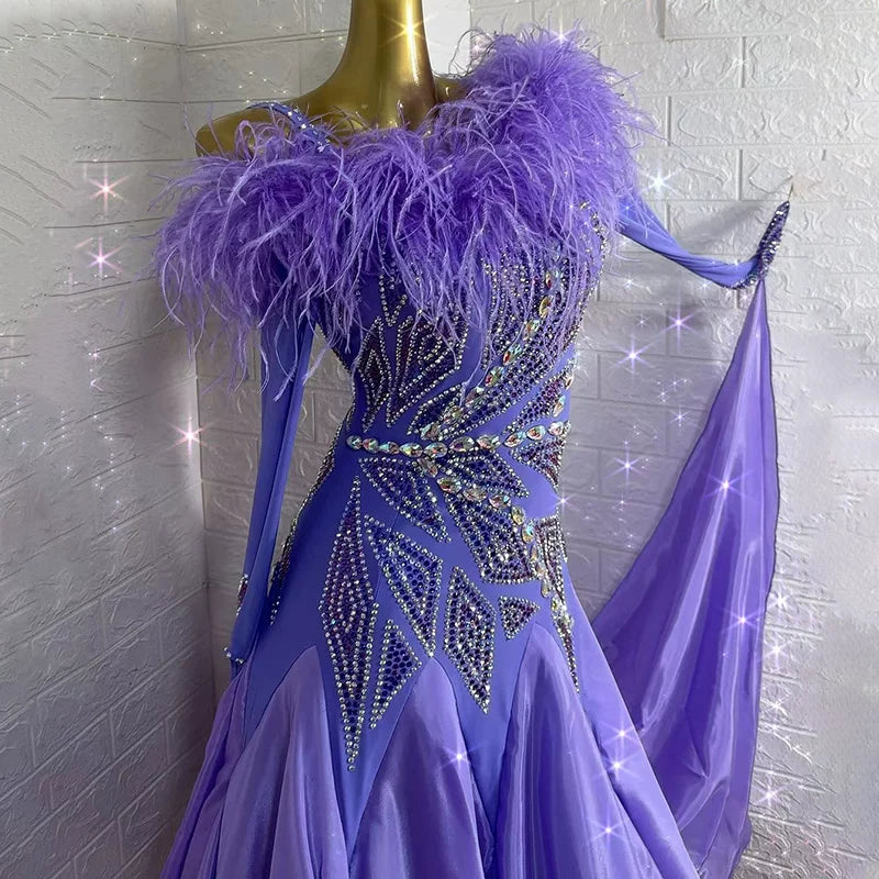 Custom Size Lavender Purple Feather Ballroom Dance Dress  Rhinestone Gown for Waltz Modern Standard Competition