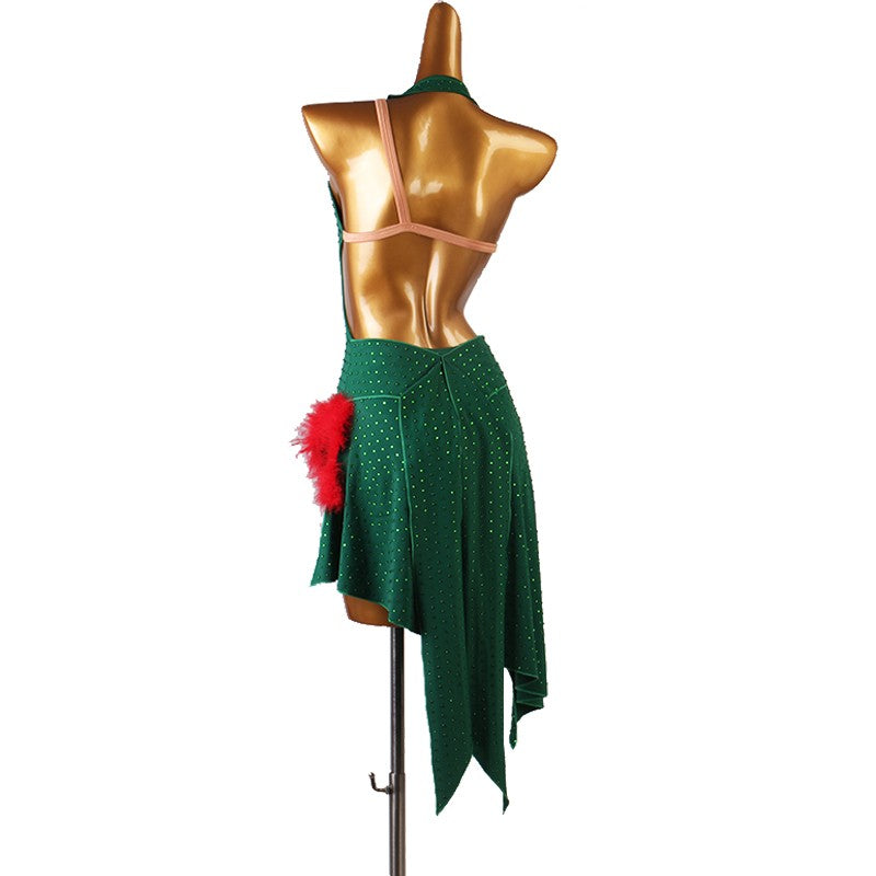 Dark green rhinestones competition latin dance dress for women feather irregular bling skirts stage performance modern dance latin rumba salsa dance costumes - Moderndancedress.com