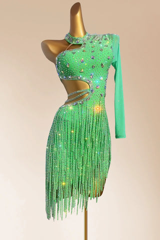 Custom size green fringed rhinestones Latin dance dress for women girls kids children salsa rumba chacha dance solo dance flower clothes blackpool art clothes - Moderndancedress.com