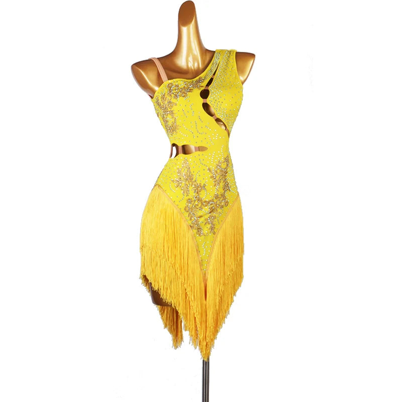 Slant Neck Yellow Blue Red Green Orange Latin Dance Competition Dresses for Women Girl Rumba Salsa Chacha with Stones Performance Clothes - Moderndancedress.com